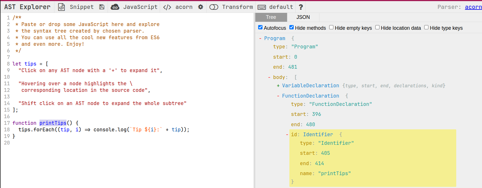 Sample of an AST structure in astexplorer.net