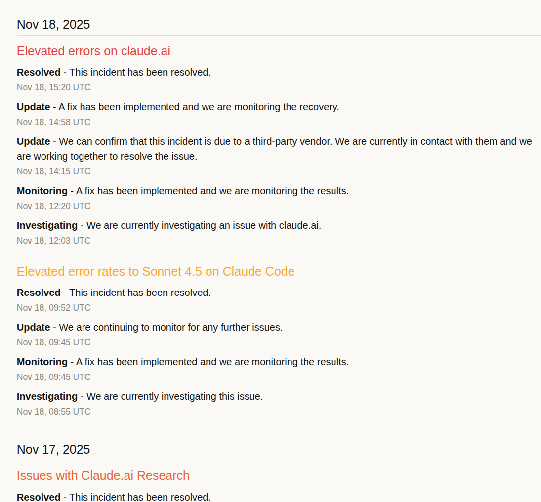 Claude Code status page with multiple outages
