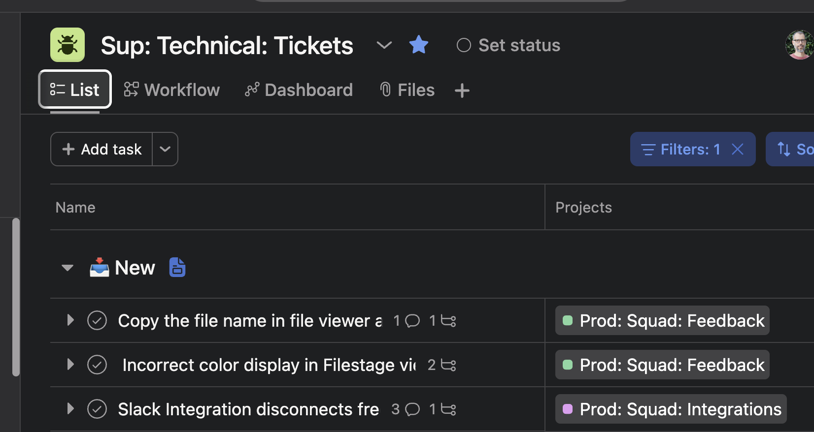 Asana technical ticket board