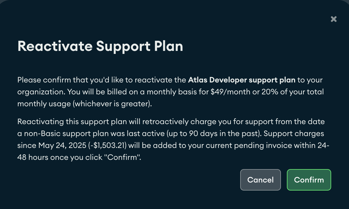 MongoDB Atlast support reenrollment fee