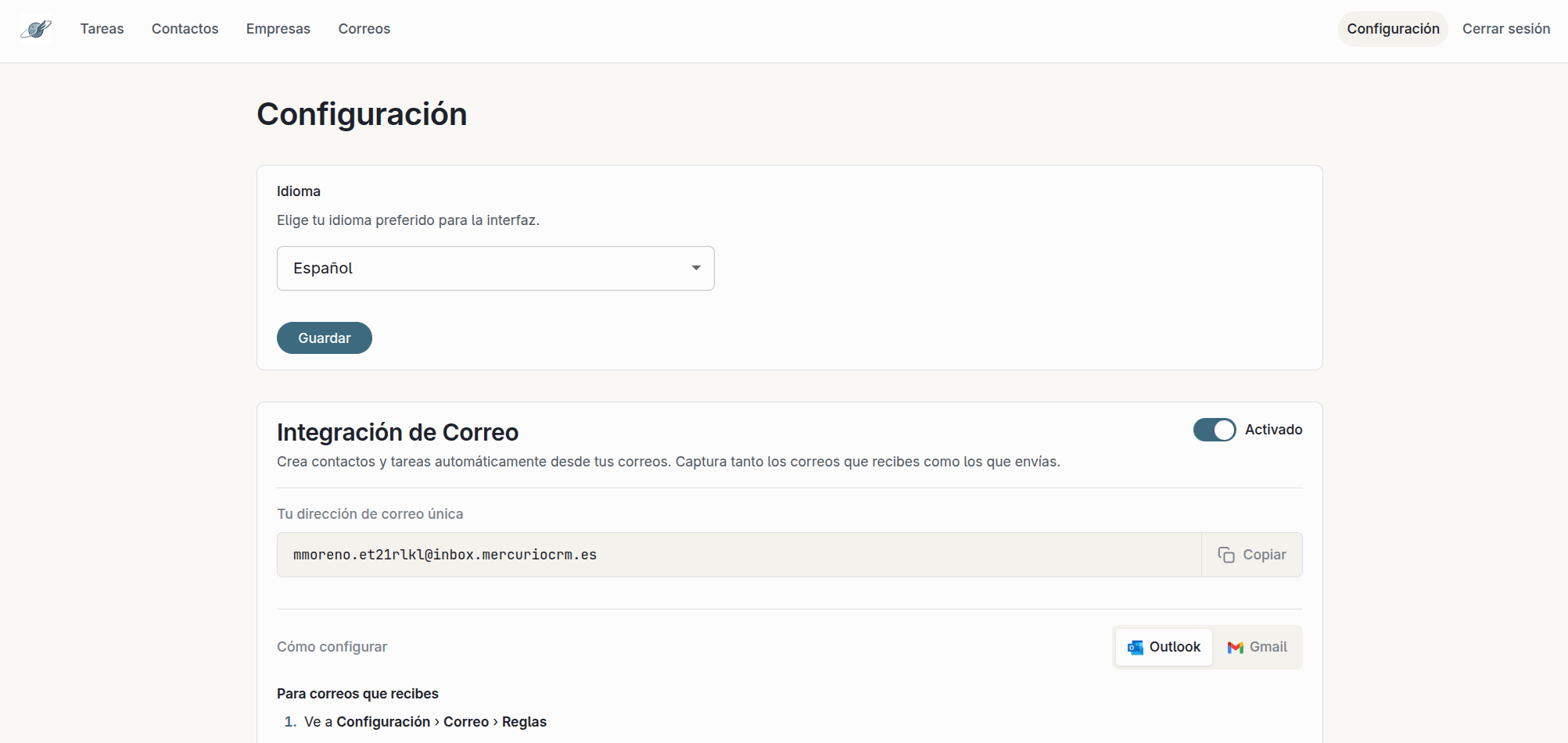 MercurioCRM user configuration screen