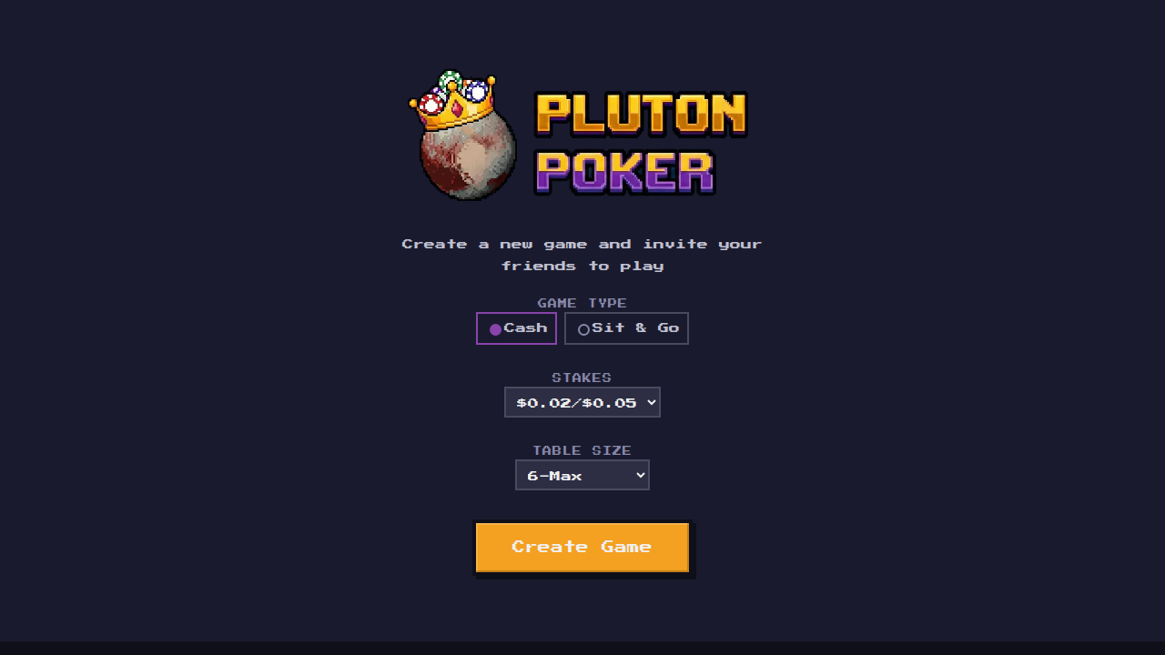 PlutonPoker landing page on desktop