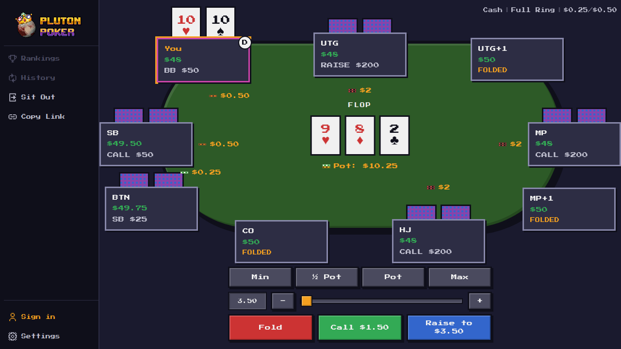 PlutonPoker full ring table on desktop