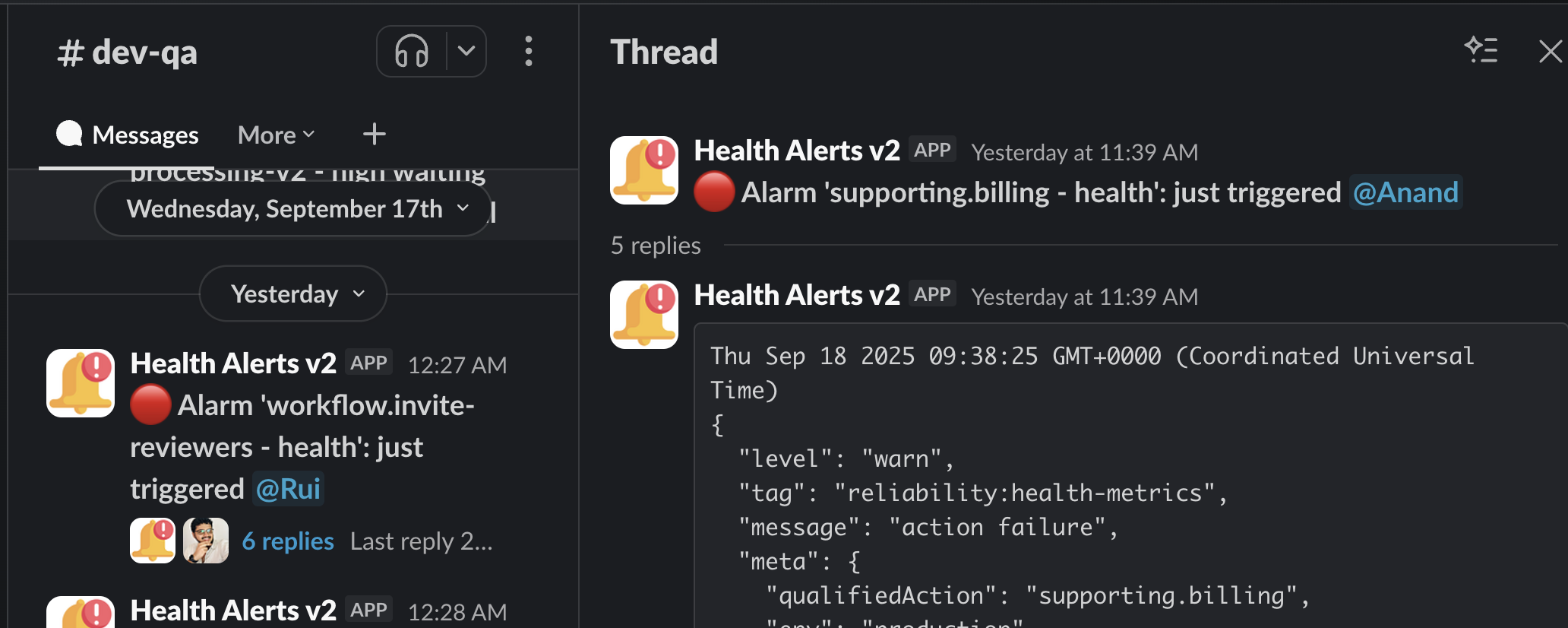 Example alarm notification in Slack